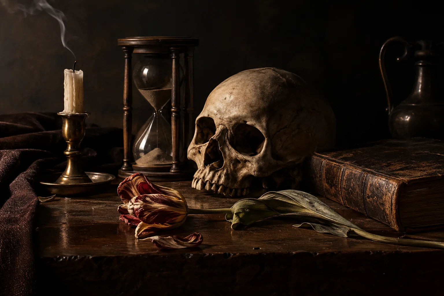 Vanité memento mori : crâne, sablier, bougie éteinte et tulipe fanée