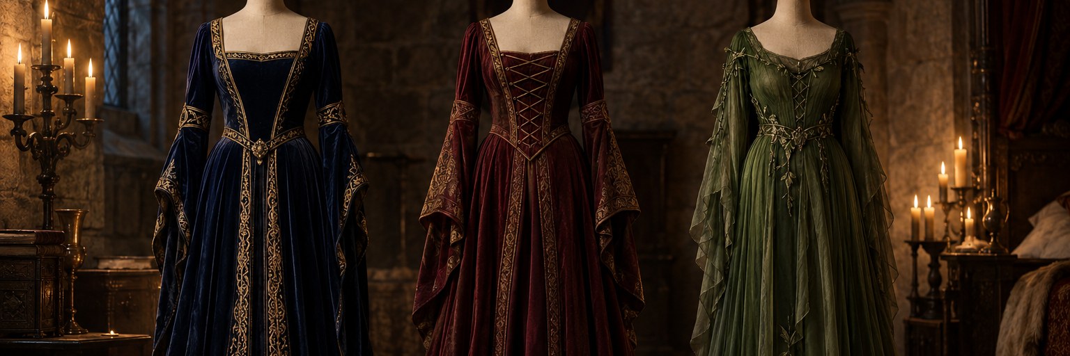 Bannière Robe Médiévale Femme : trois robes médiévales en velours sur mannequins dans une chambre de château — Médiéfan
