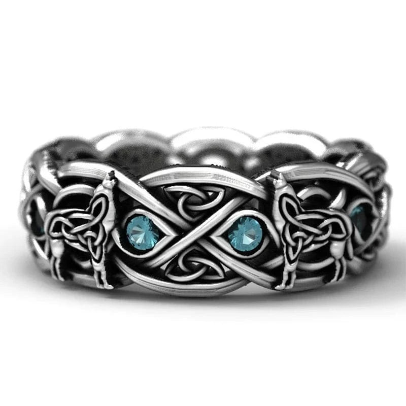 Anneau Loups Viking aux Pierres Bleues H049 / Antique Silver Plated / 6