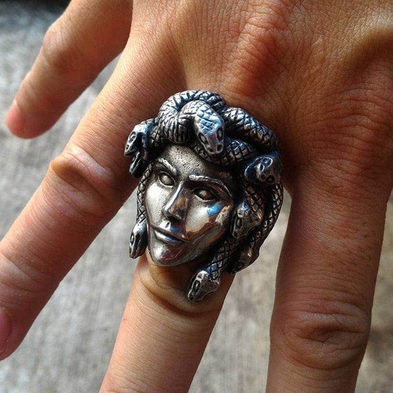 Bague Argent 925 Méduse Gorgone Avec Serpents - Style Motard - Taille 10 - Fait Main