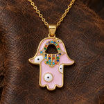 Collier Main de Fatima Émail Rose et Zircons Colorés - Vignette | Médiéfan