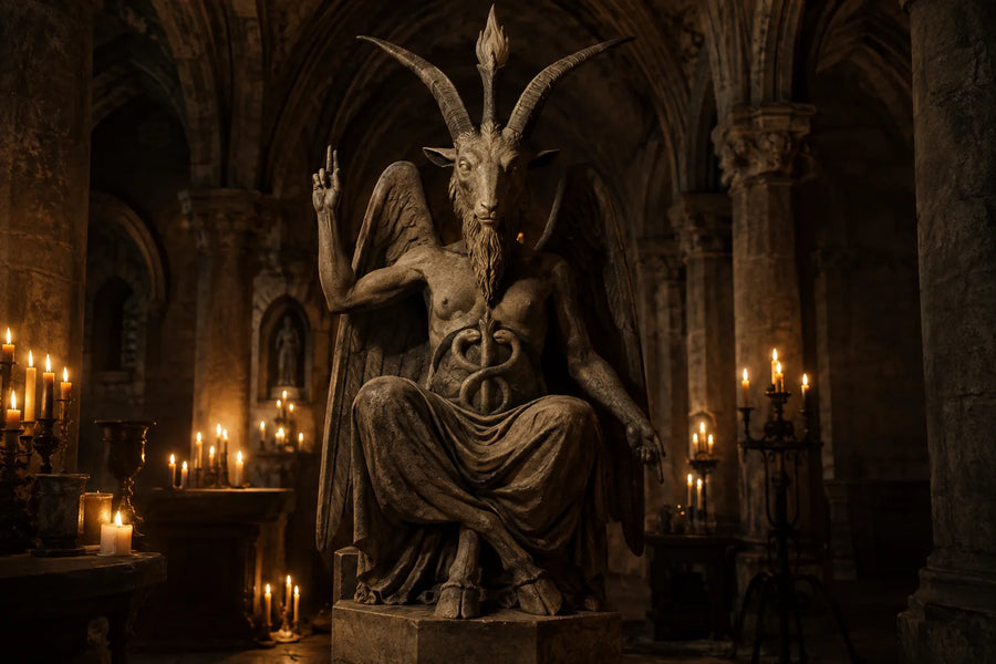 Statue de Baphomet à tête de bouc dans une crypte gothique éclairée aux bougies