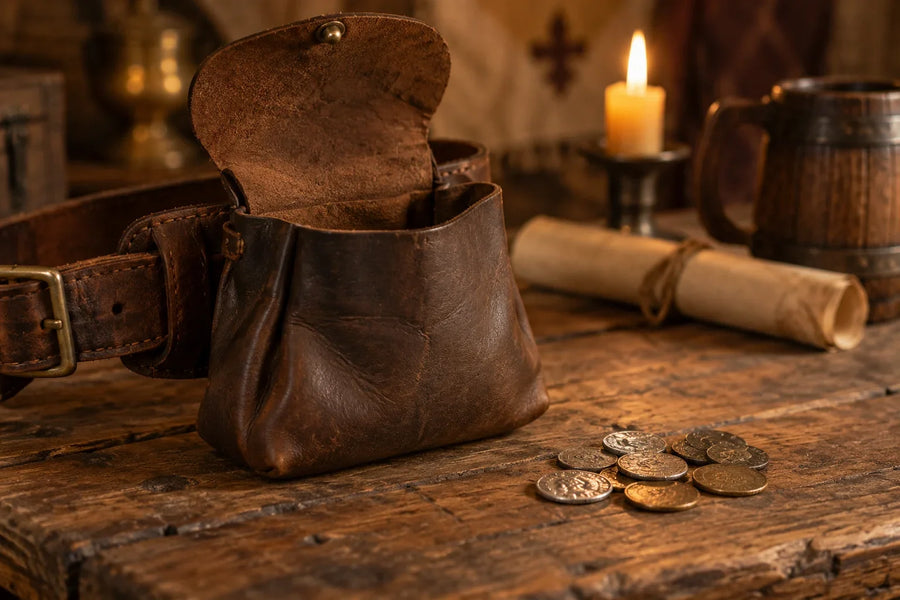 Escarcelle médiévale en cuir ouverte par le haut, rabat relevé, accrochée à une ceinture, avec des pièces anciennes posées sur une table en bois à la lueur d'une bougie