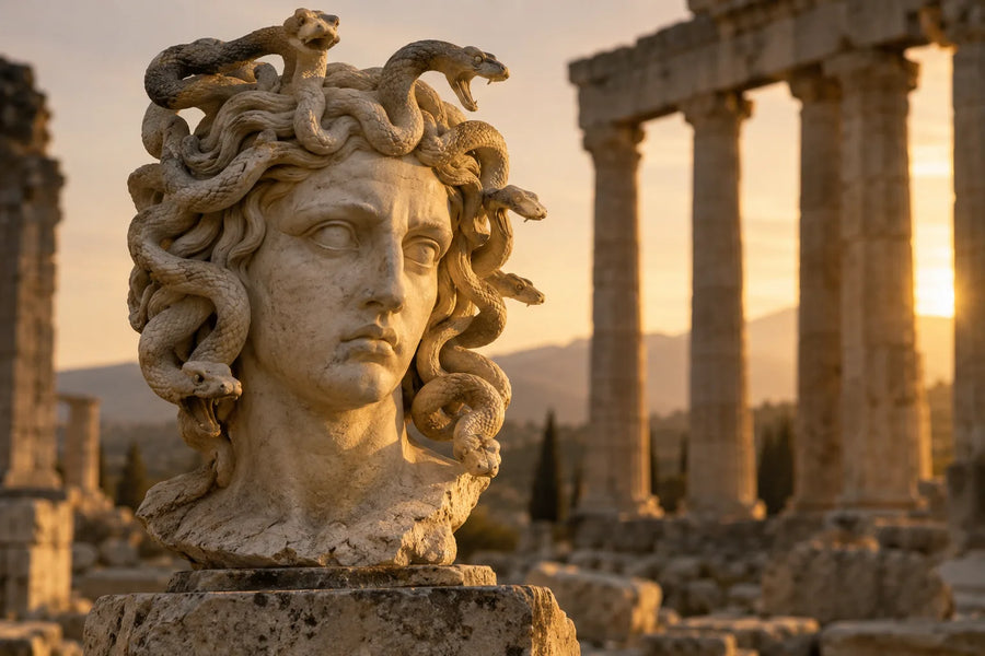 Tête de Méduse en marbre à la chevelure de serpents dans les ruines d'un temple grec