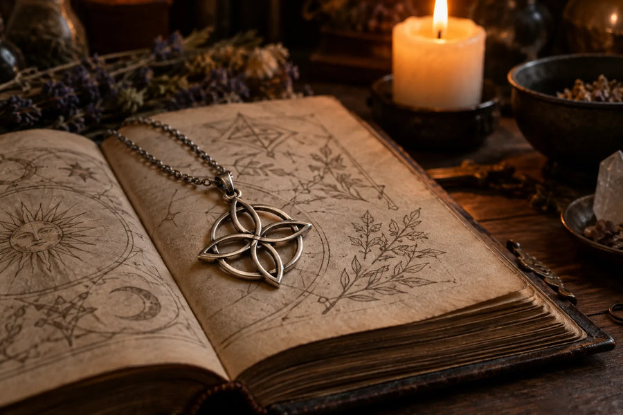 Pendentif nœud de sorcière posé sur un grimoire ancien à la lueur d'une bougie