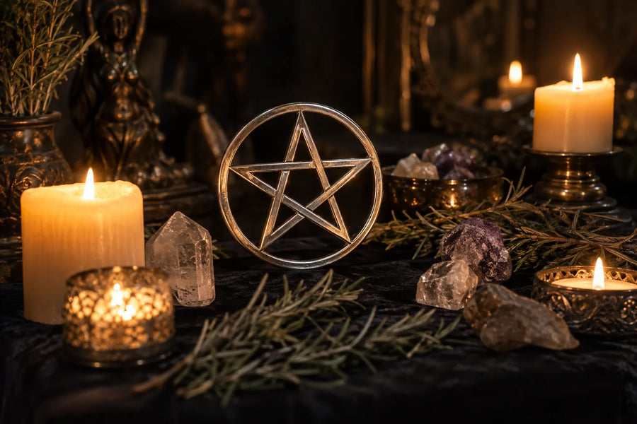 Pentacle argenté sur un autel de velours noir entouré de bougies et de cristaux