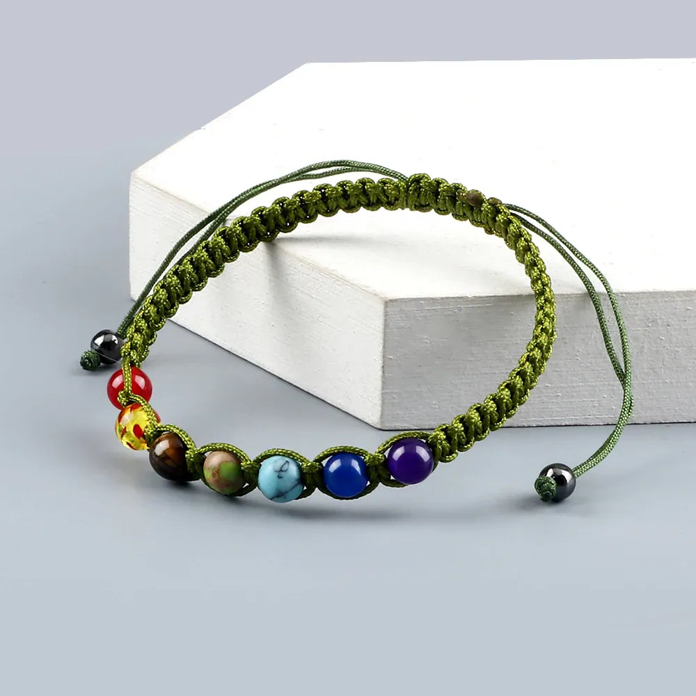 Bracelet Macramé Tressé 7 Perles de Chakras Kaki