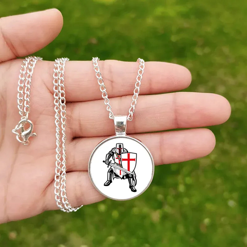 Collier chevaliers templiers Vintage, pendentif croix rouge, Cabochon en verre, longue chaîne, croix Solomons, symbole maçonnique J / Silver