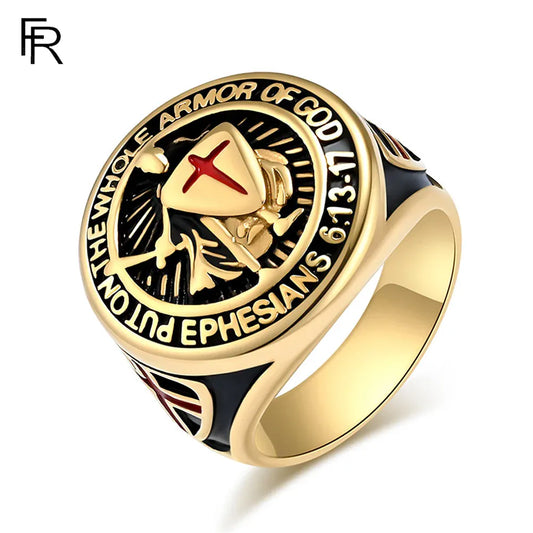 Bague templière croix pattée rouge « Armor of God » dorée