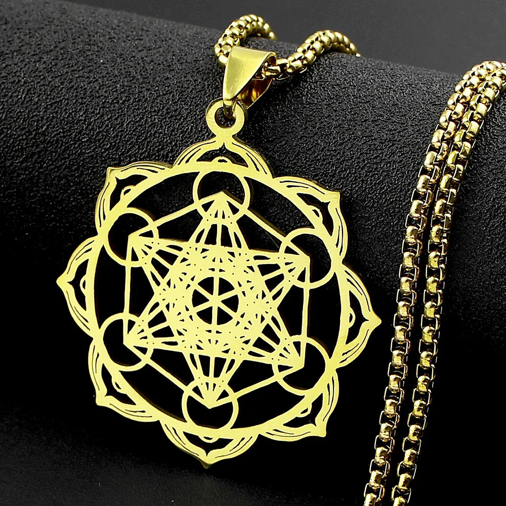 Collier Cube de Métatron en Couronne de Lotus Doré
