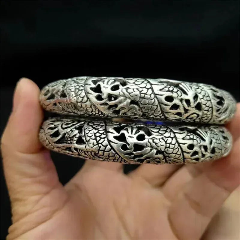 Mai Chuang/sculpté à la main/ciseau vieille argent tibétain creux sculpté Dragon Phoenix Bracelets exquis Bracelets hommes et femmes cadeau a  pair