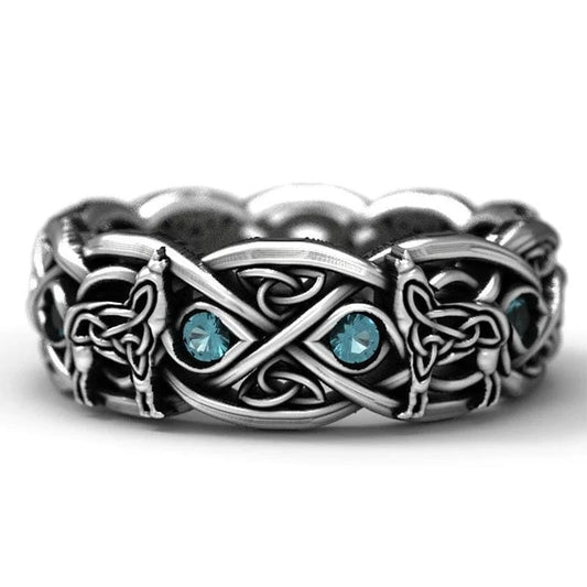 Anneau Loups Viking aux Pierres Bleues H049 / Antique Silver Plated / 6