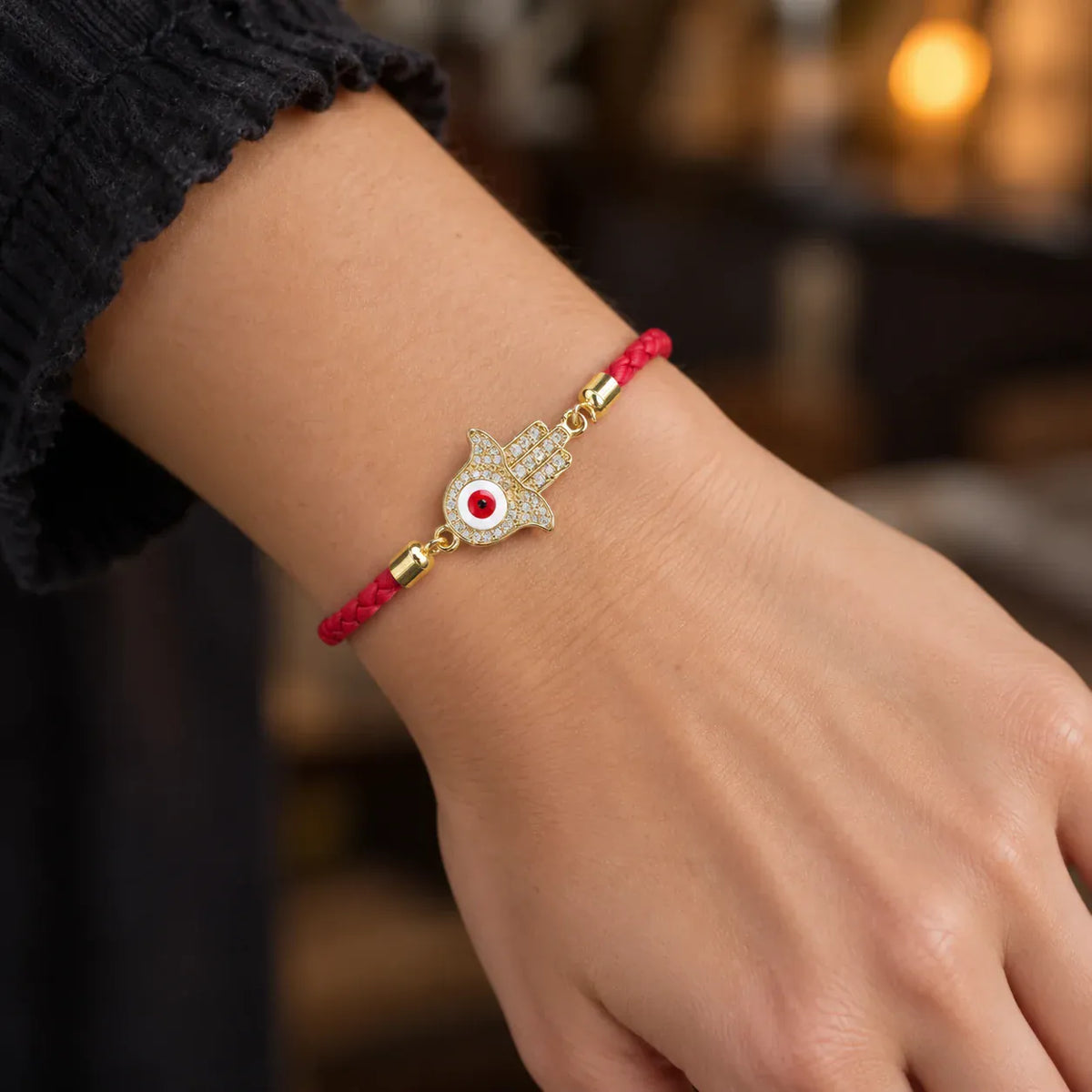 Bracelet Cuir Tressé Rouge Main de Fatima Sertie Rouge
