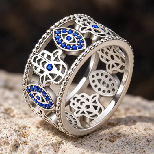Bague Jonc Large Mains de Fatima et Yeux Pavés