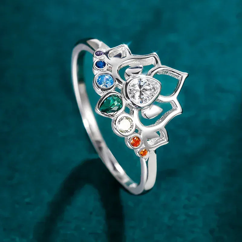 Bague Lotus Ajourée à Zircon Poire et 7 Chakras