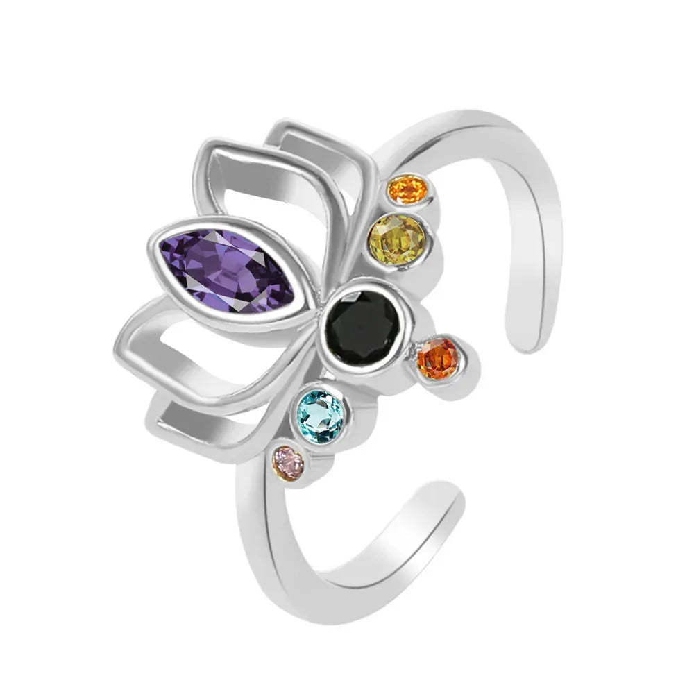 Bague Lotus Marquise Violette et Zircon Noir Argenté