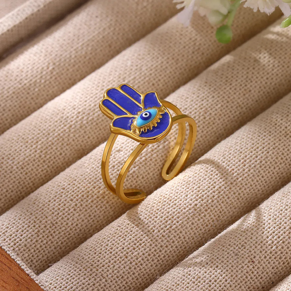 Bague Main de Fatima Émail Bleu et Œil Turc Réglable