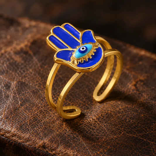 Bague Main de Fatima Émail Bleu et Œil Turc Réglable
