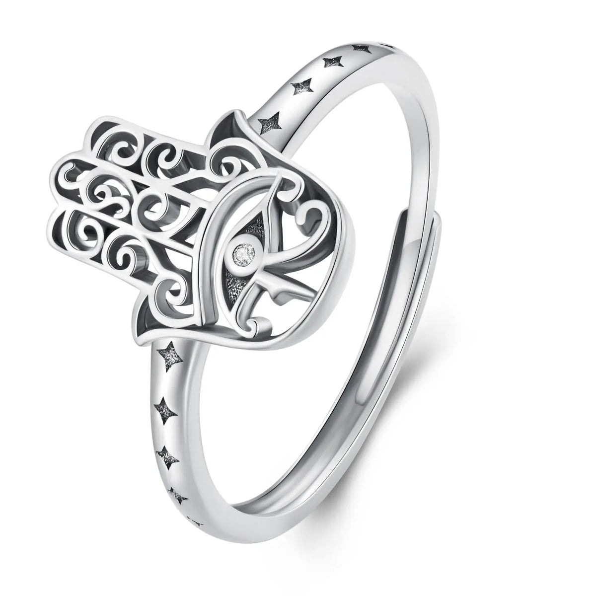 Bague Main de Fatima Œil Ciselé et Étoiles Réglable