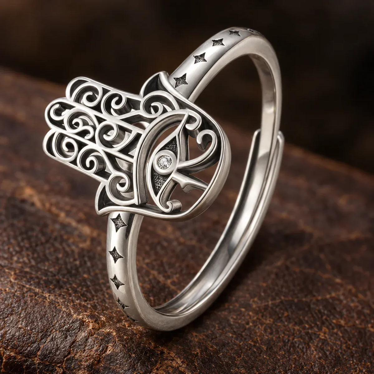 Bague Main de Fatima Œil Ciselé et Étoiles Réglable