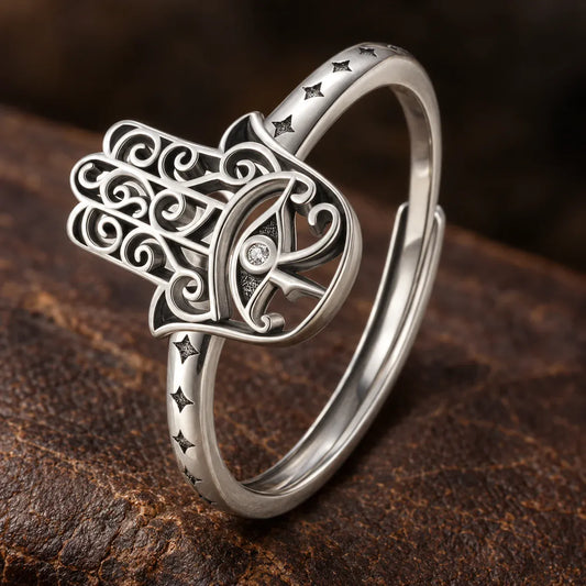 Bague Main de Fatima Œil Ciselé et Étoiles Réglable