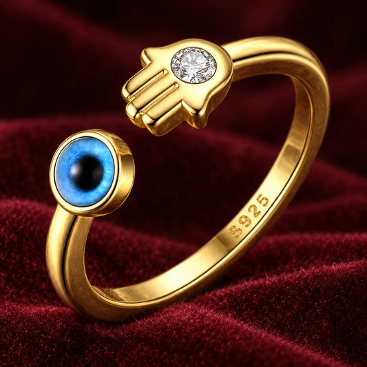 Bague Ouverte Dorée Main de Fatima et Œil Bleu Réglable