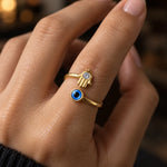 Bague Ouverte Dorée Main de Fatima et Œil Bleu - Vignette | Médiéfan