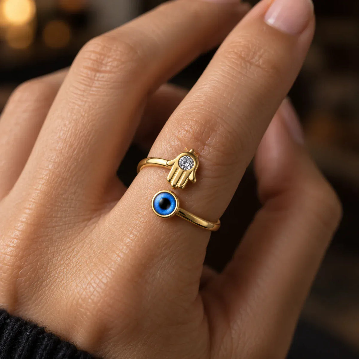 Bague Ouverte Dorée Main de Fatima et Œil Bleu Réglable