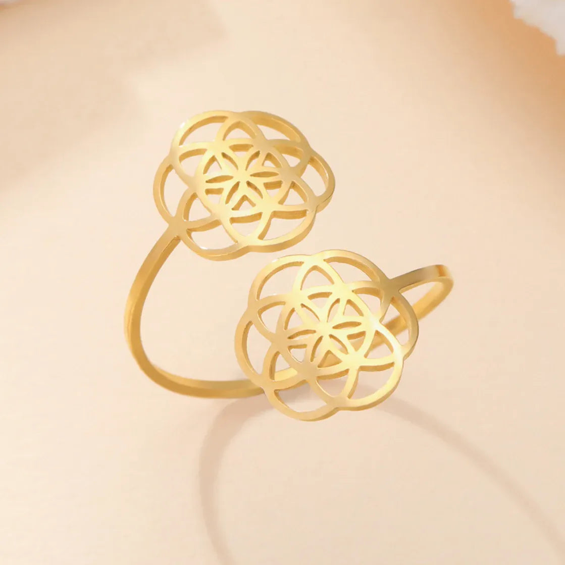 Bague Ouverte Double Graine de Vie Doré