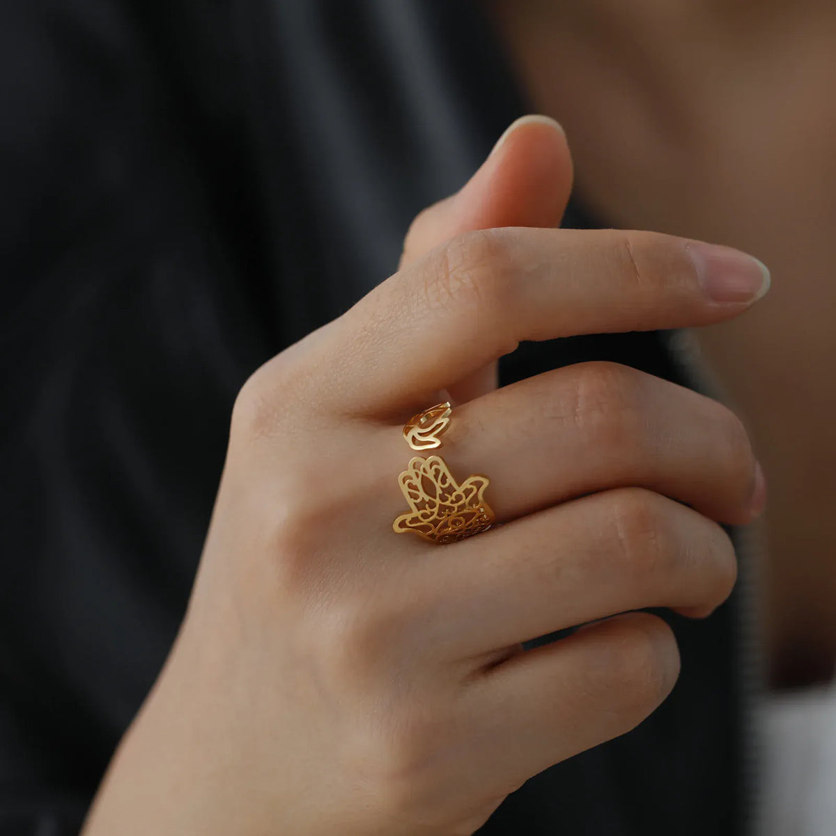 Bague Ouverte Main de Fatima et Bouton de Lotus