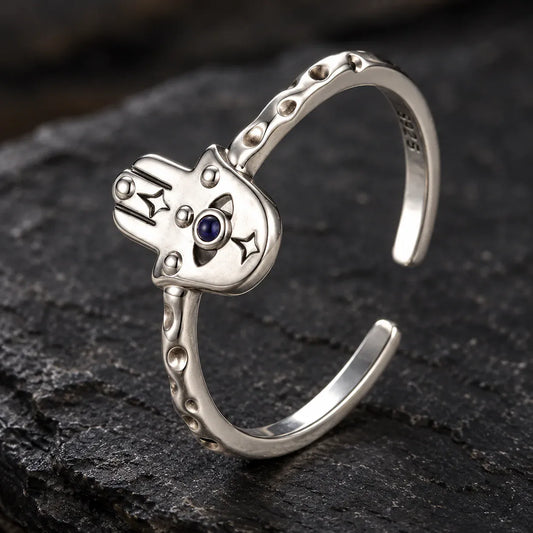 Bague Ouverte Main de Fatima Martelée Réglable