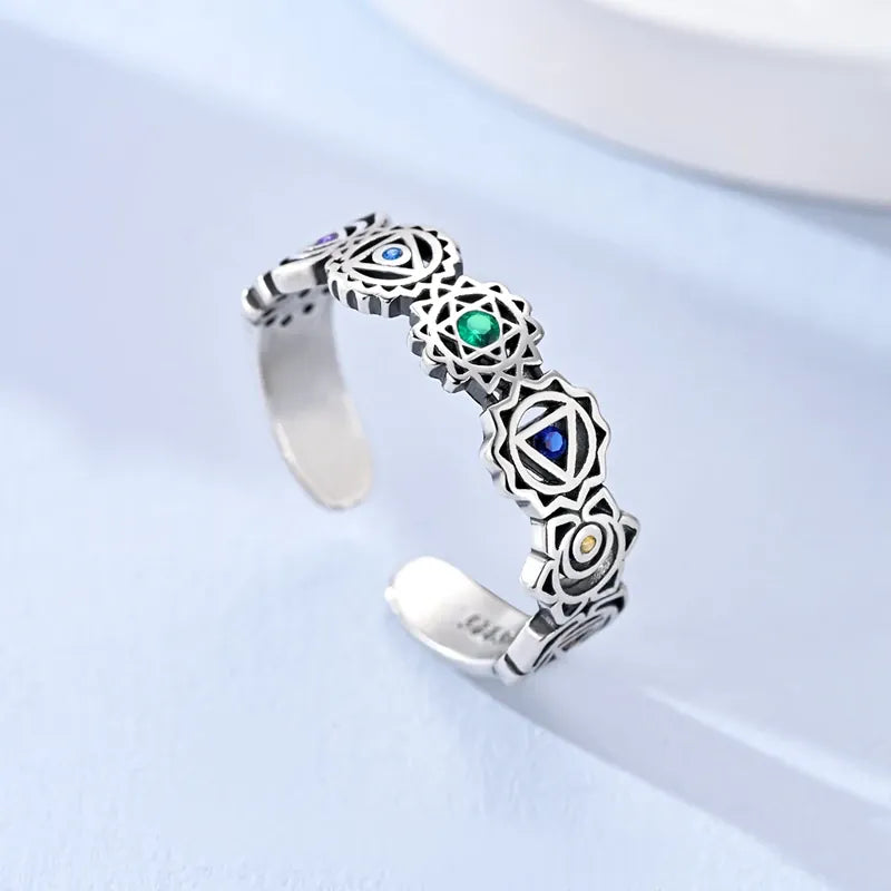 Bague Ouverte Sceaux des Chakras Ajourés Réglable