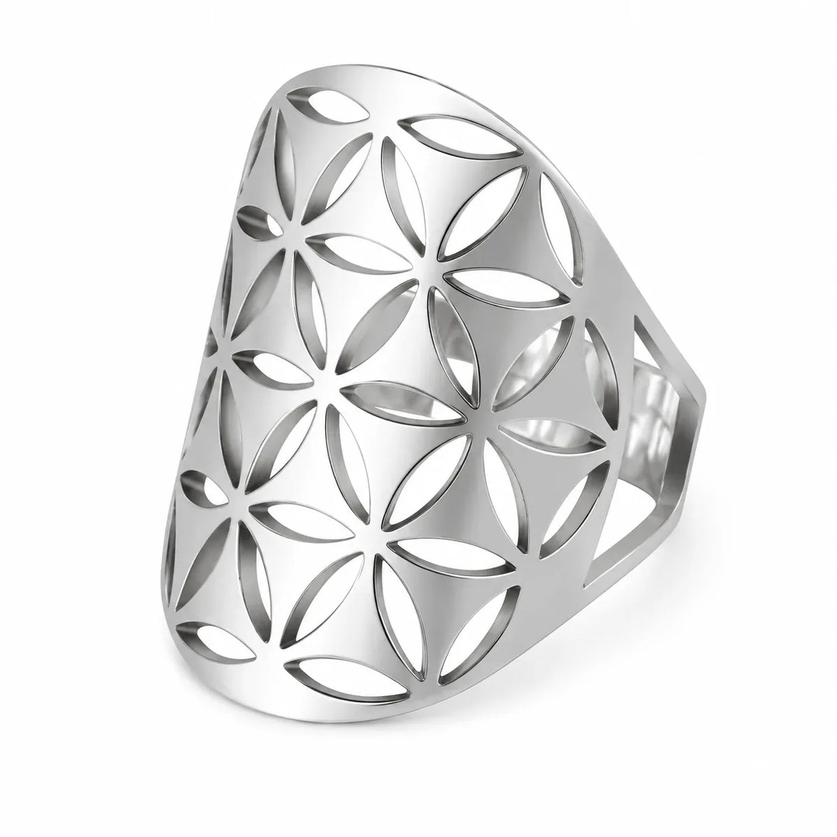 Bague Plaque Fleur de Vie à Pétales Découpés Argenté
