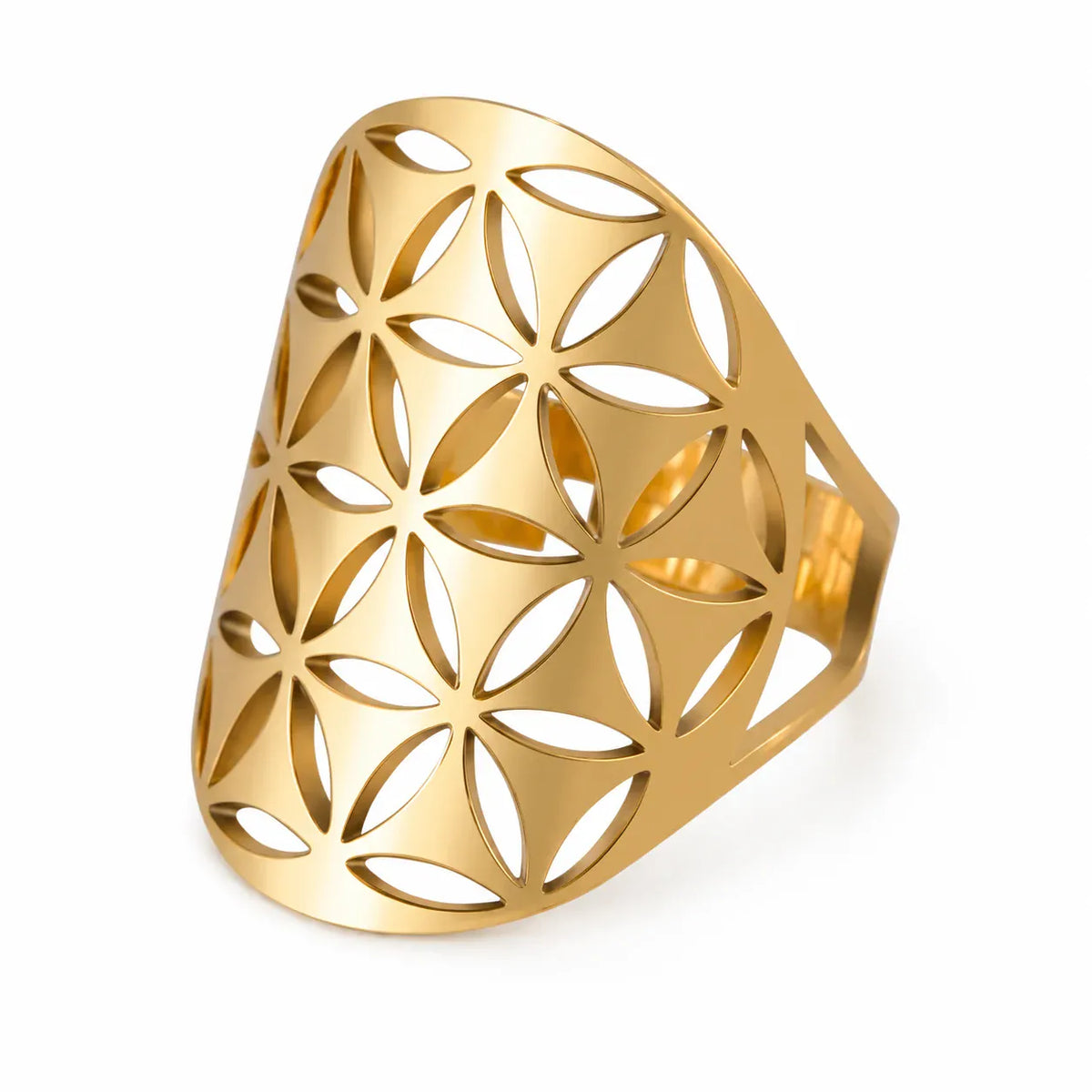 Bague Plaque Fleur de Vie à Pétales Découpés Doré