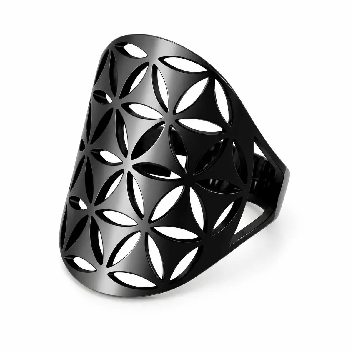 Bague Plaque Fleur de Vie à Pétales Découpés Noir