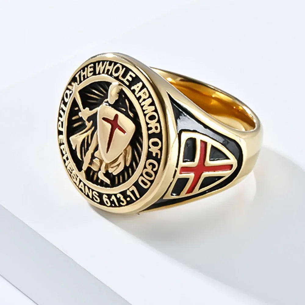 Bague templière croix pattée rouge « Armor of God » dorée