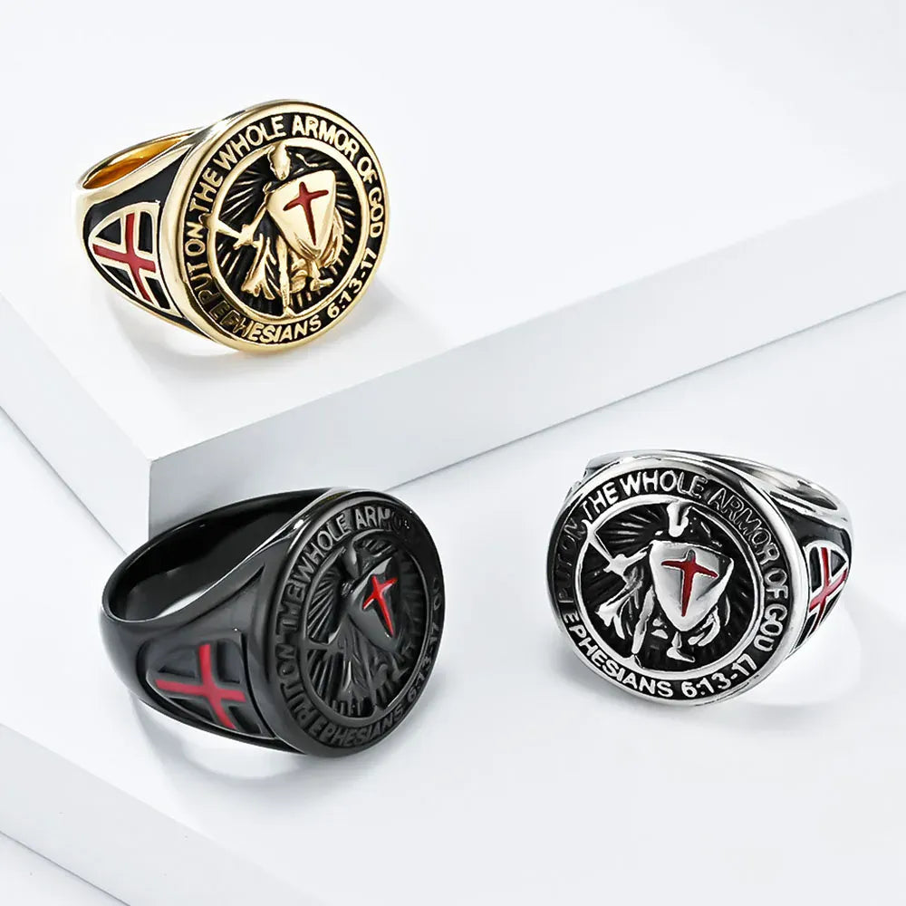 Bague templière croix pattée rouge « Armor of God » dorée