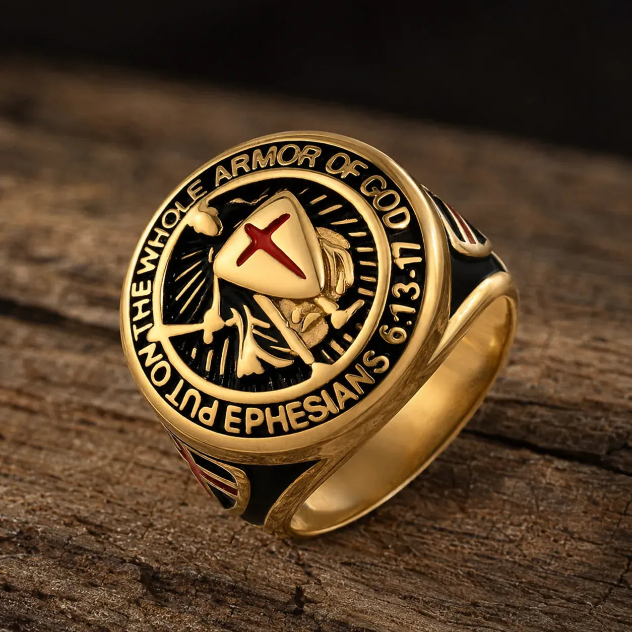 Bague templière croix pattée rouge « Armor of God » dorée