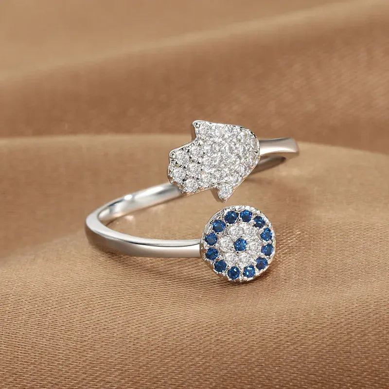 Bague Toi et Moi Main de Fatima et Œil Turc Argenté