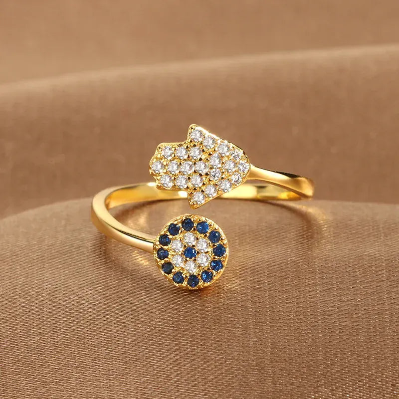 Bague Toi et Moi Main de Fatima et Œil Turc Doré