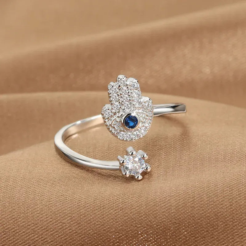 Bague Toi et Moi Main de Fatima et Solitaire Argenté