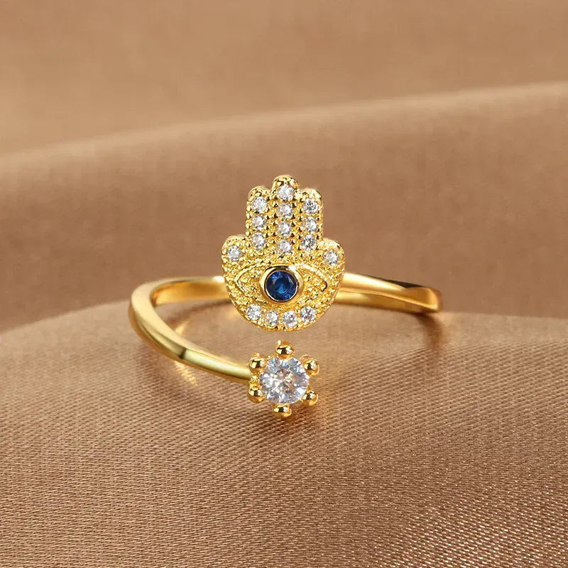 Bague Toi et Moi Main de Fatima et Solitaire Doré