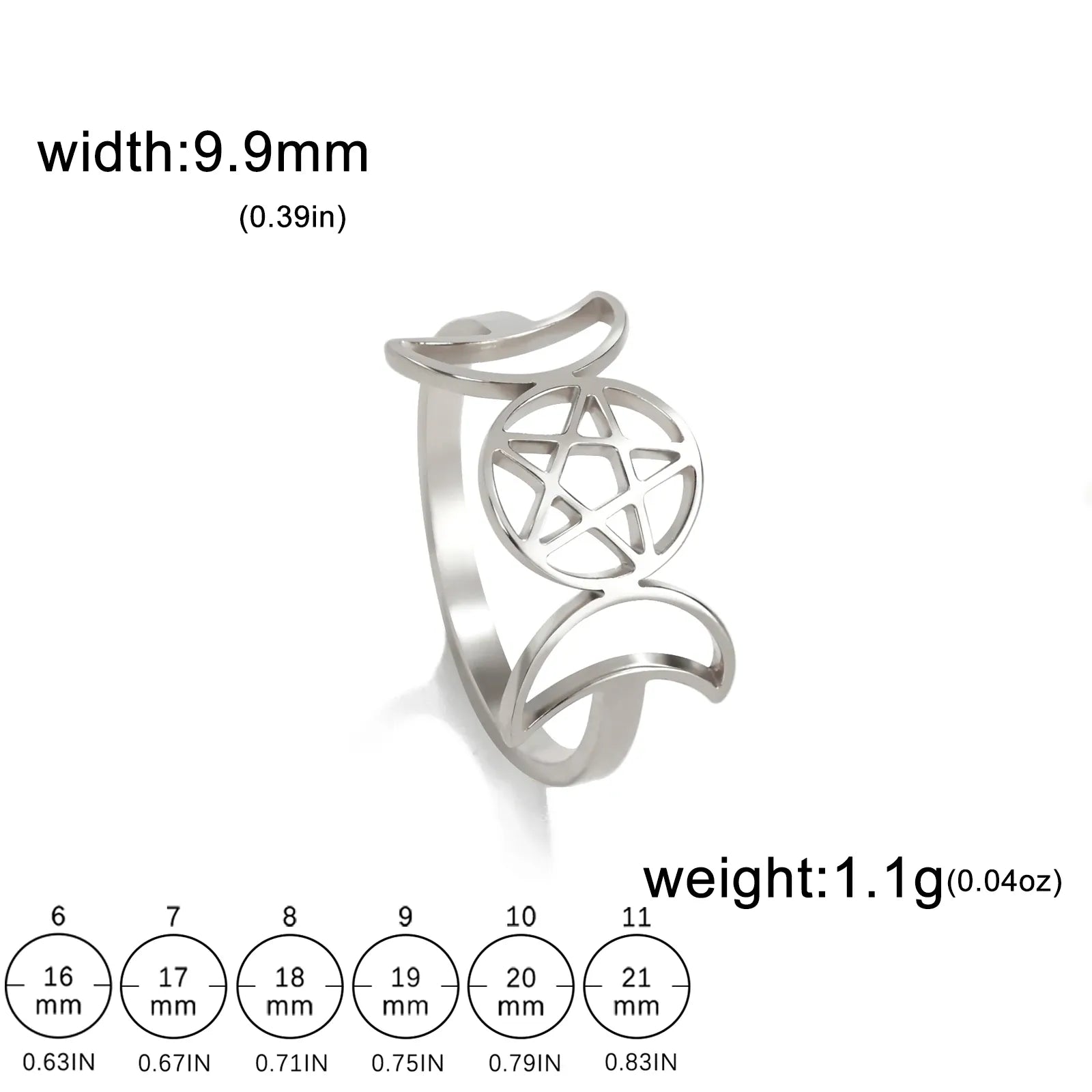 Bague Wicca Triple Lune Argenté — croissants fins / 6