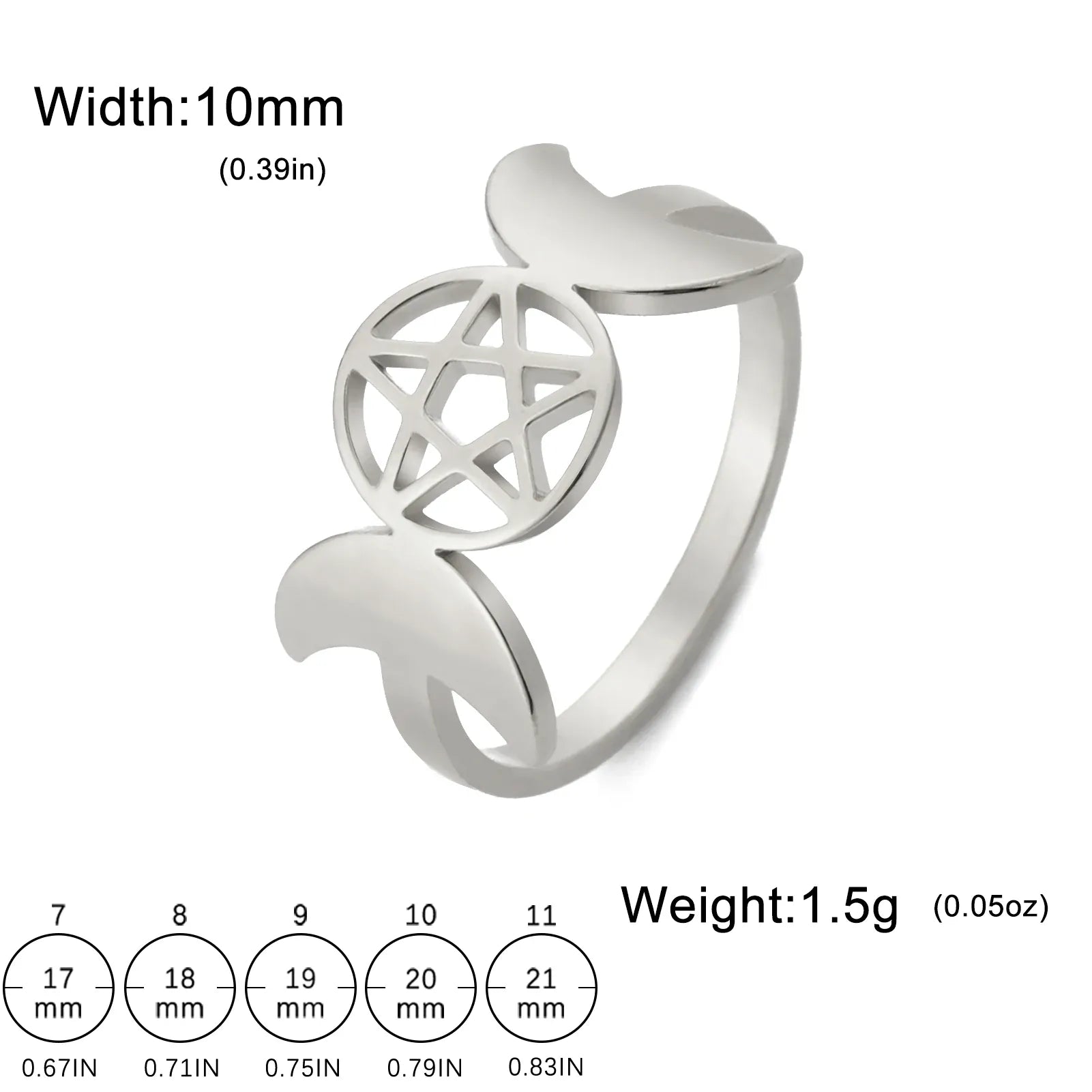 Bague Wicca Triple Lune Argenté — croissants pleins / 6