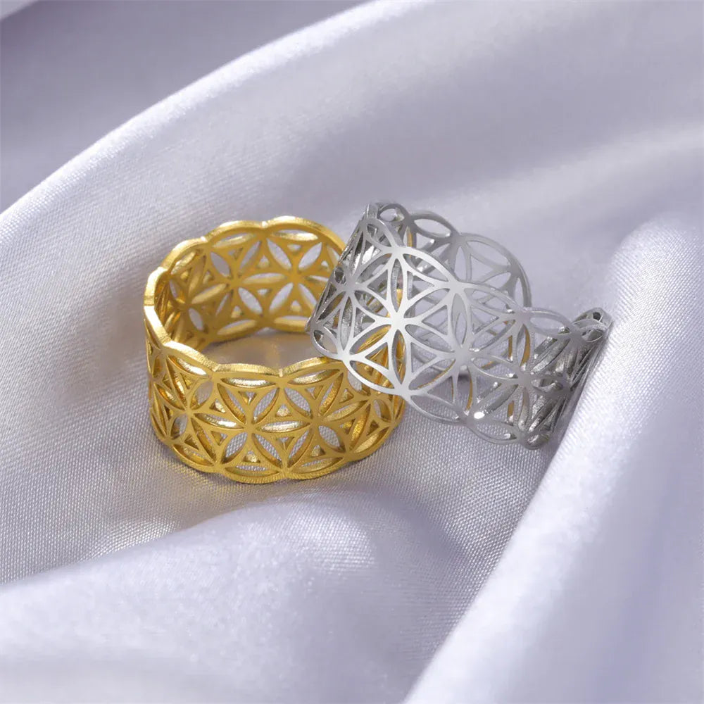 Bagues Vintage égyptiennes fleur de vie pour femmes, bijoux juifs en acier inoxydable, bague géométrique ouverte pour femmes, cadeaux de mariage