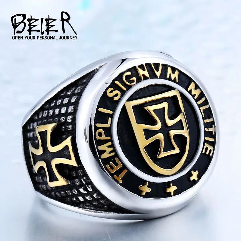 BEIER – bague militaire en acier inoxydable pour homme, bijoux de personnalité, croix, chevalier, vente en gros, prix d'usine, BR8-823 BR8-280 couleur or / taille américaine / 8
