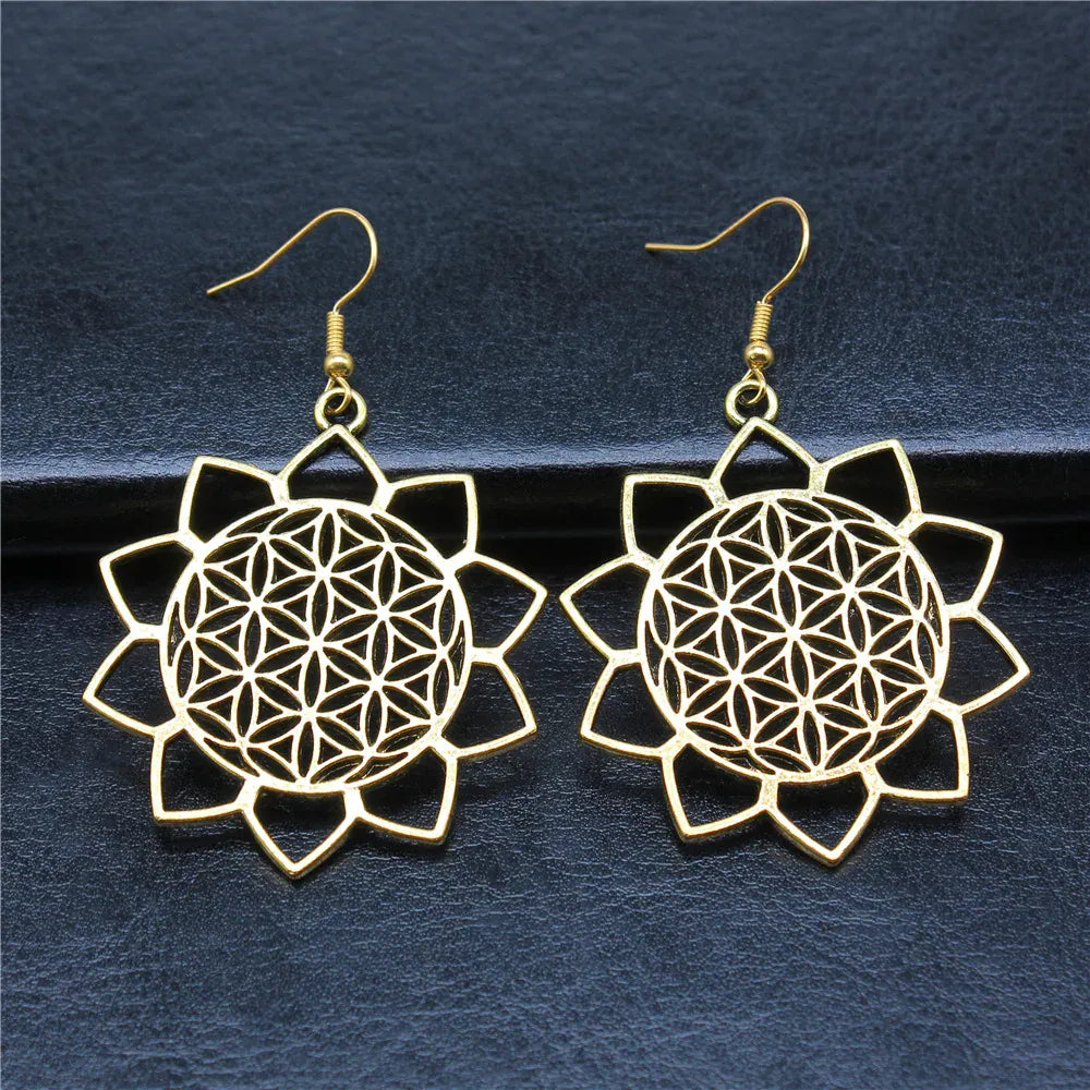 Boucles d'Oreilles Fleur de Vie Lotus Ajouré Doré