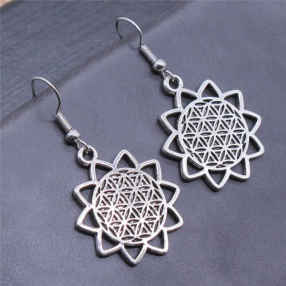 Boucles d'Oreilles Fleur de Vie Soleil Étoilé Argenté