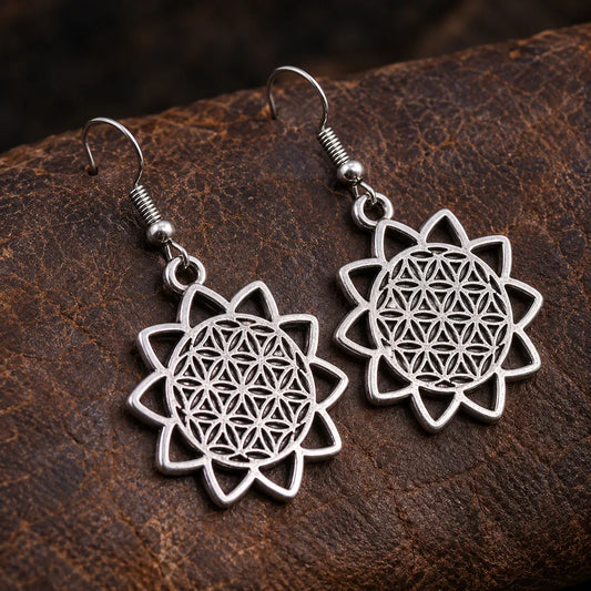 Boucles d'Oreilles Fleur de Vie Soleil Étoilé Argenté