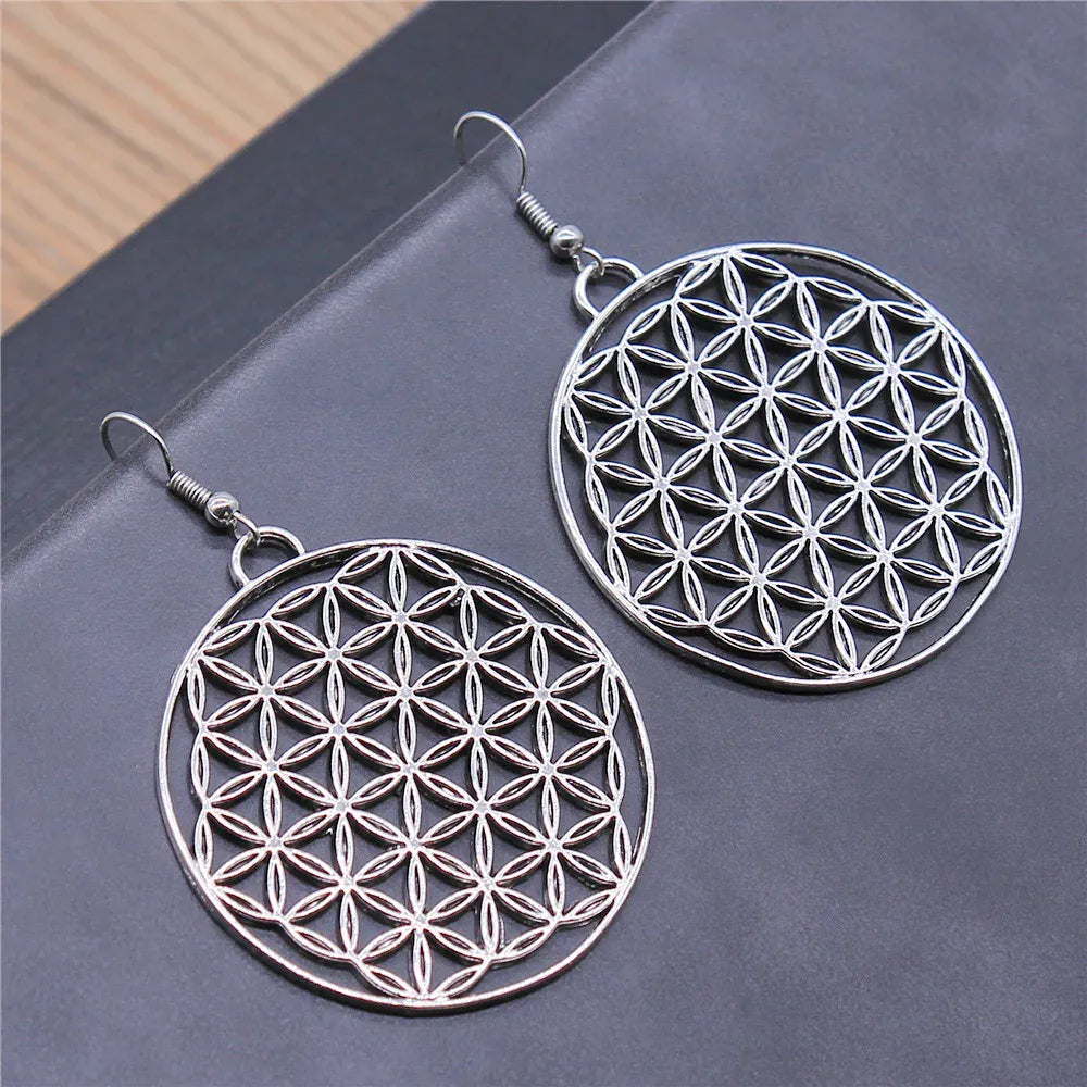 Boucles d'Oreilles Grand Disque Fleur de Vie Argenté